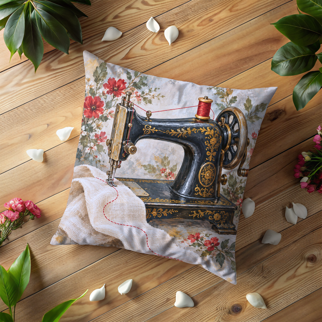 Ornate Sewing Machine Pillow Cover | Ornamental White Cloth Amid Flowers, view 3