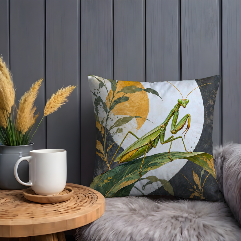 Praying Mantis Pillow Cover | Natural Setting with Abstract Elements