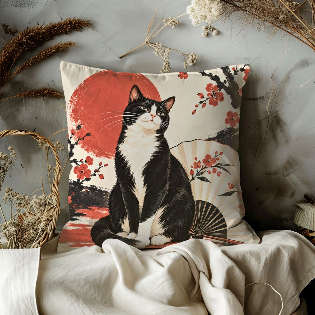 Black and White Cat Pillow Cover | Stylized Japanese Landscape