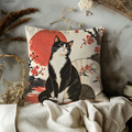 Black and White Cat Pillow Cover | Stylized Japanese Landscape