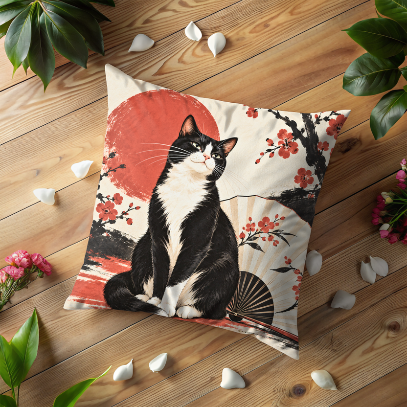 Black and White Cat Pillow Cover | Stylized Japanese Landscape