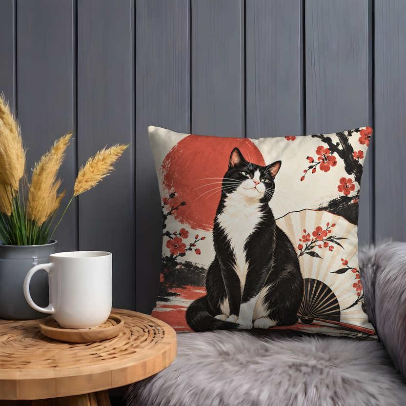 Black and White Cat Pillow Cover | Stylized Japanese Landscape