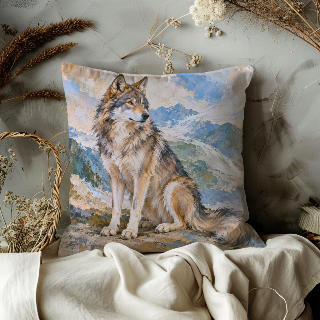 Sitting Wolf Pillow Cover | Rocky Foreground Before Cloudy Mountains