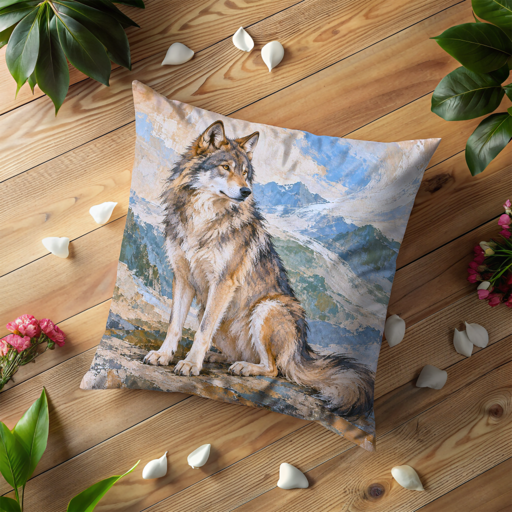 Sitting Wolf Pillow Cover | Rocky Foreground Before Cloudy Mountains