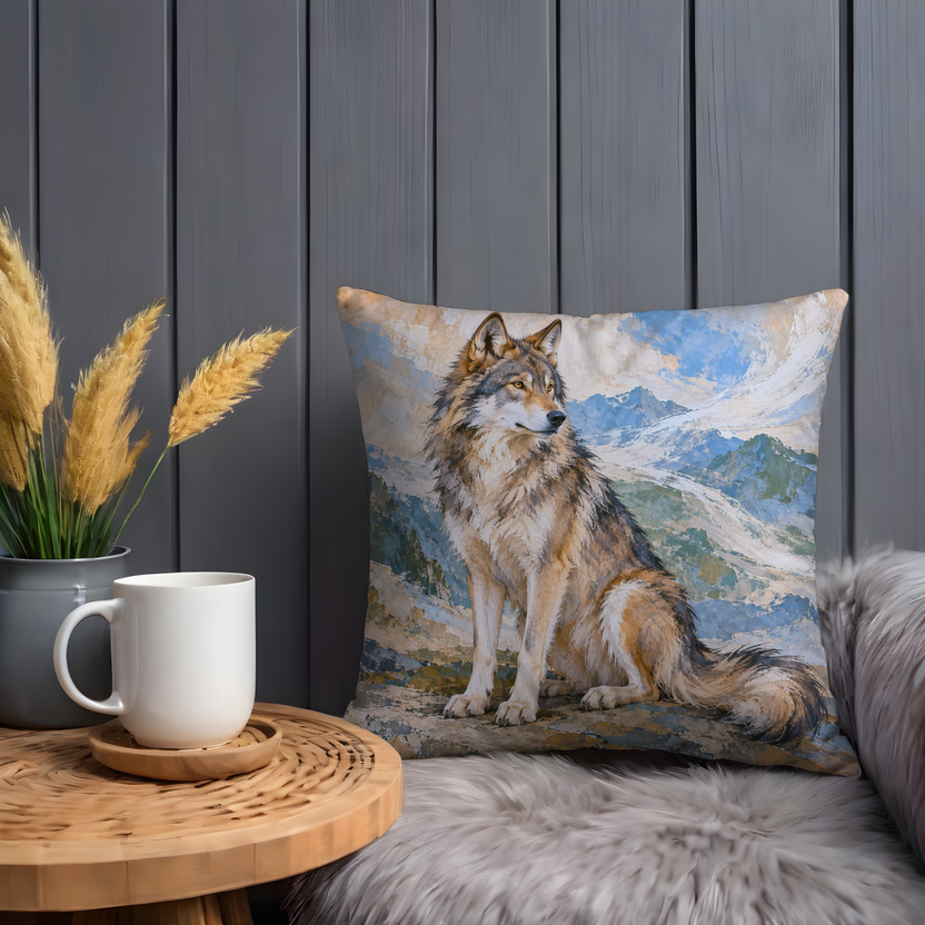Sitting Wolf Pillow Cover | Rocky Foreground Before Cloudy Mountains