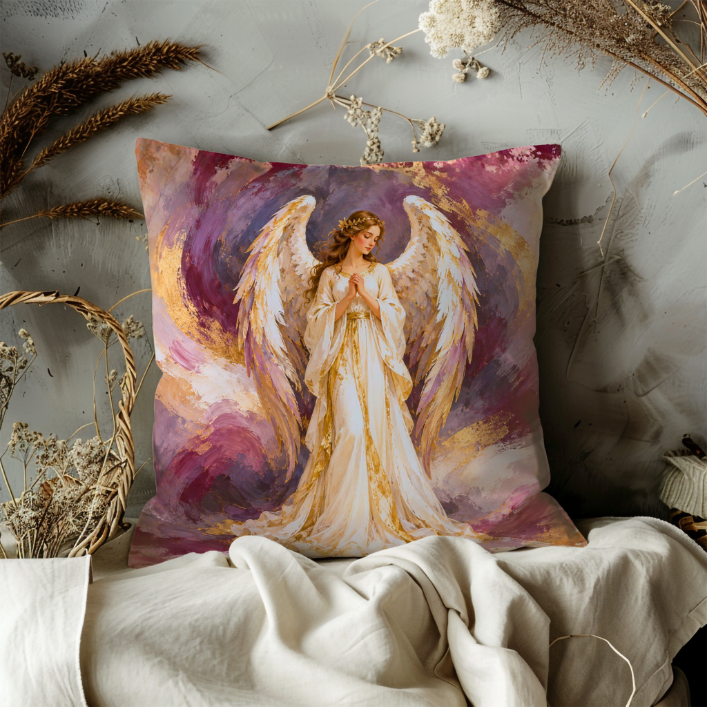 Female Angel Pillow Cover | Swirling Purple and Gold Clouds