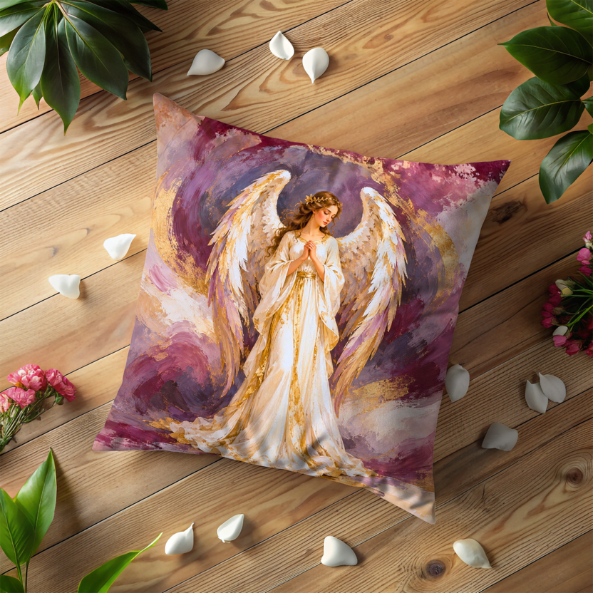 Female Angel Pillow Cover | Swirling Purple and Gold Clouds