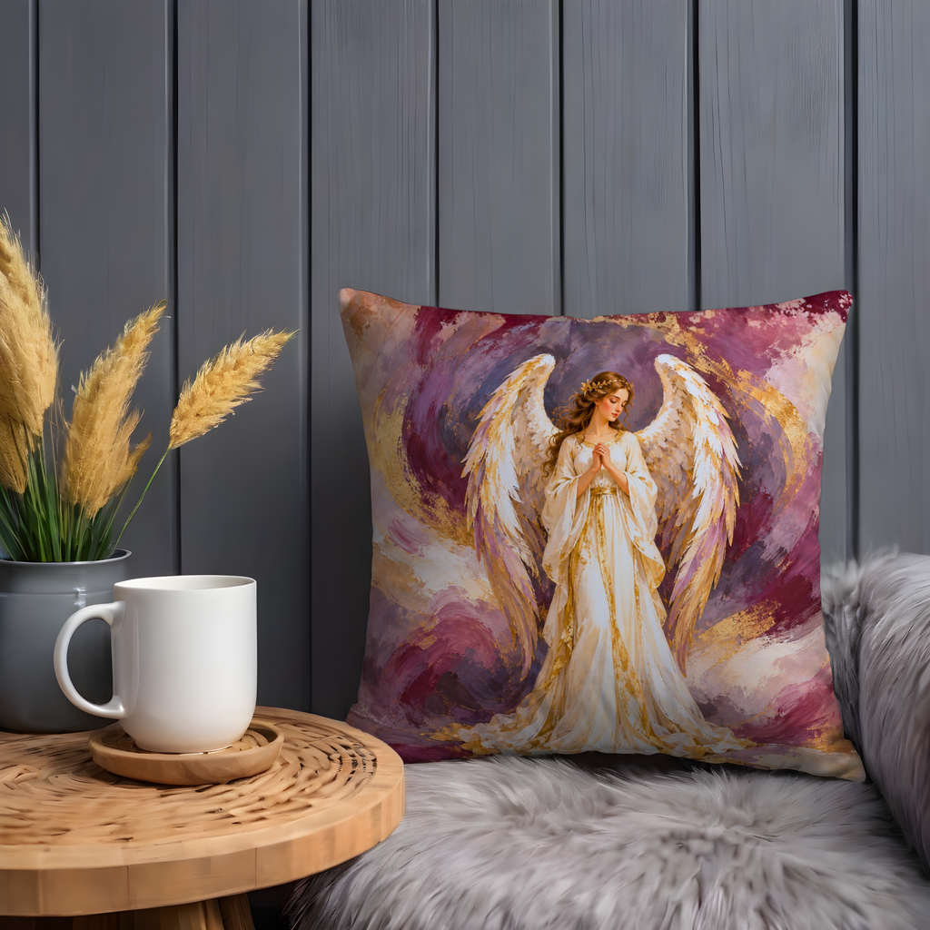 Female Angel Pillow Cover | Swirling Purple and Gold Clouds