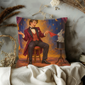 Seated Magician Pillow Cover | Curtained Stage with a Rabbit in a Top Hat