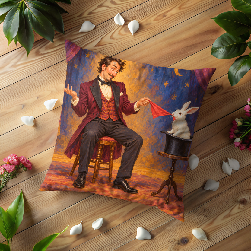 Seated Magician Pillow Cover | Curtained Stage with a Rabbit in a Top Hat