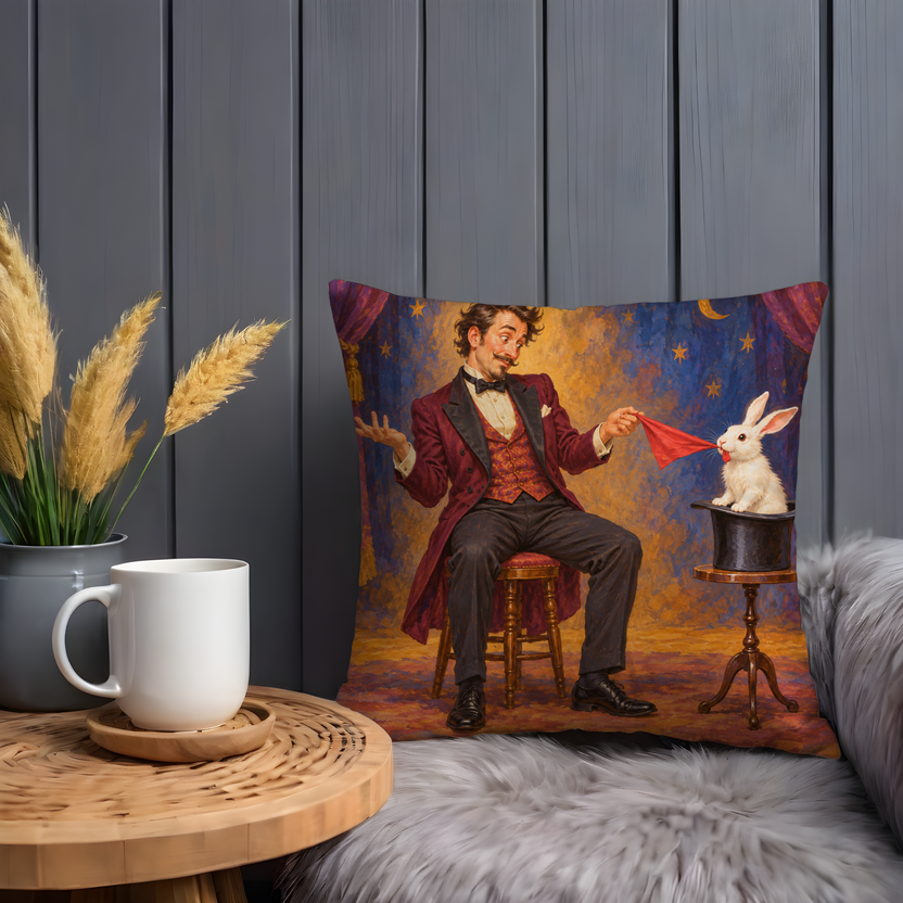Seated Magician Pillow Cover | Curtained Stage with a Rabbit in a Top Hat