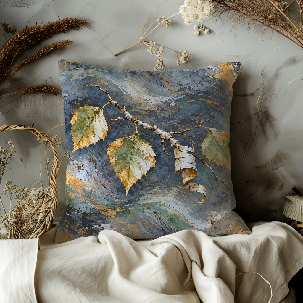 Leafy Birch Branch Pillow Cover | Swirling Blue-gray and Gold Painted Backdrop