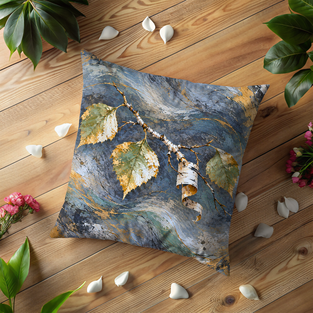 Leafy Birch Branch Pillow Cover | Swirling Blue-gray and Gold Painted Backdrop