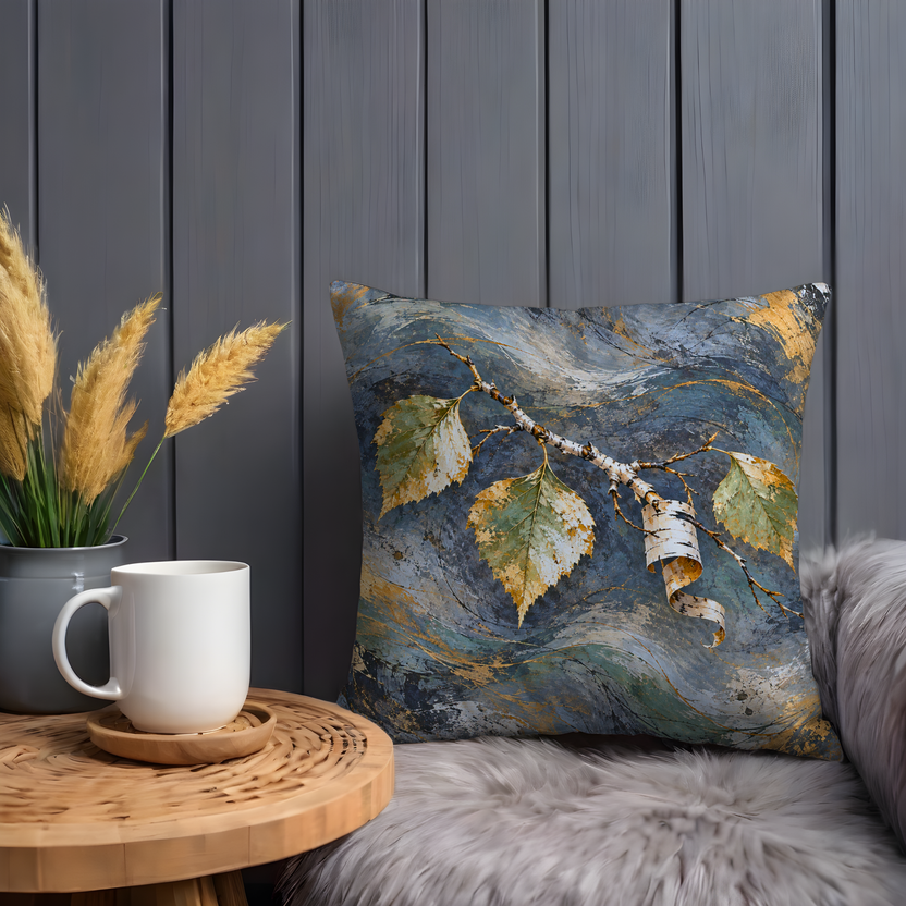 Leafy Birch Branch Pillow Cover | Swirling Blue-gray and Gold Painted Backdrop