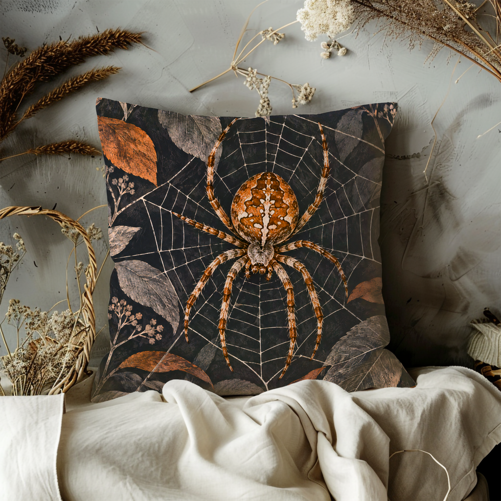 Orange Patterned Spider Pillow Cover | Orb Web Over Dark Botanical Foliage