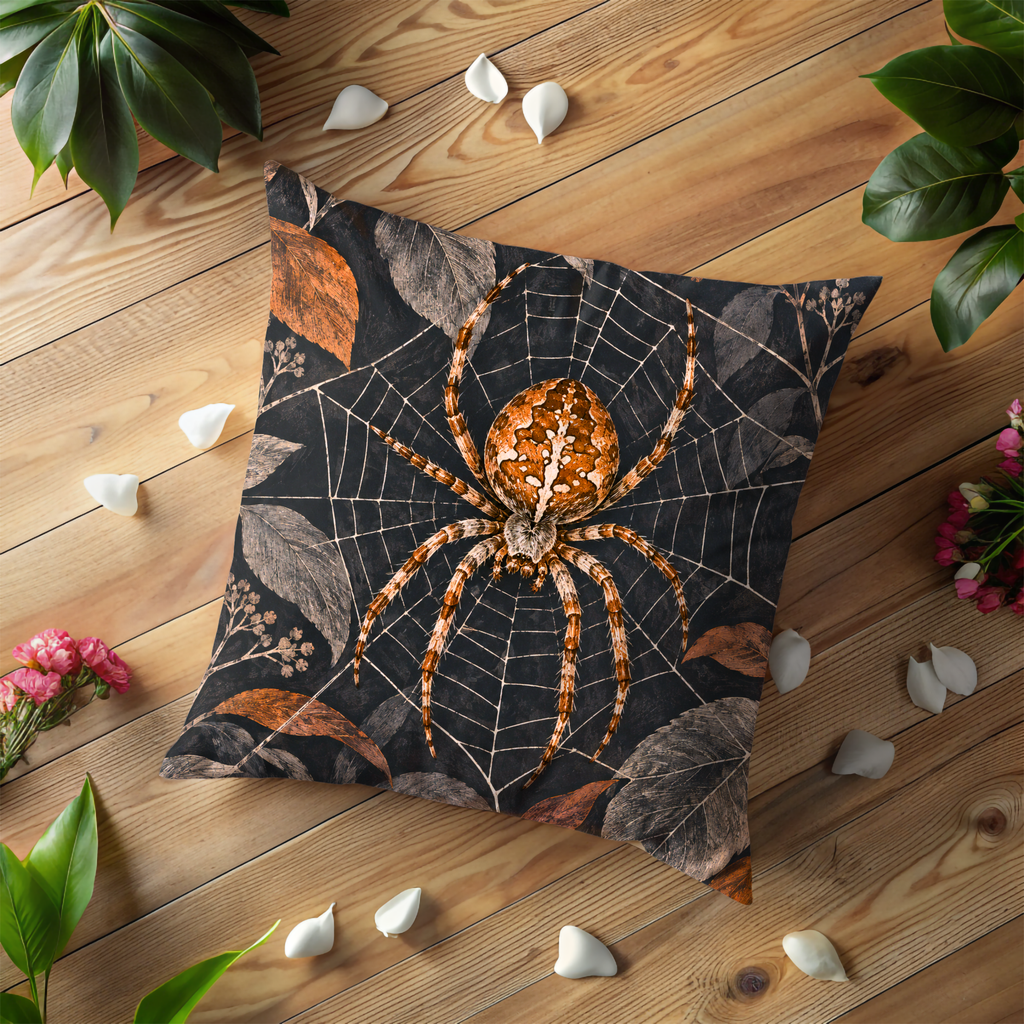 Orange Patterned Spider Pillow Cover | Orb Web Over Dark Botanical Foliage