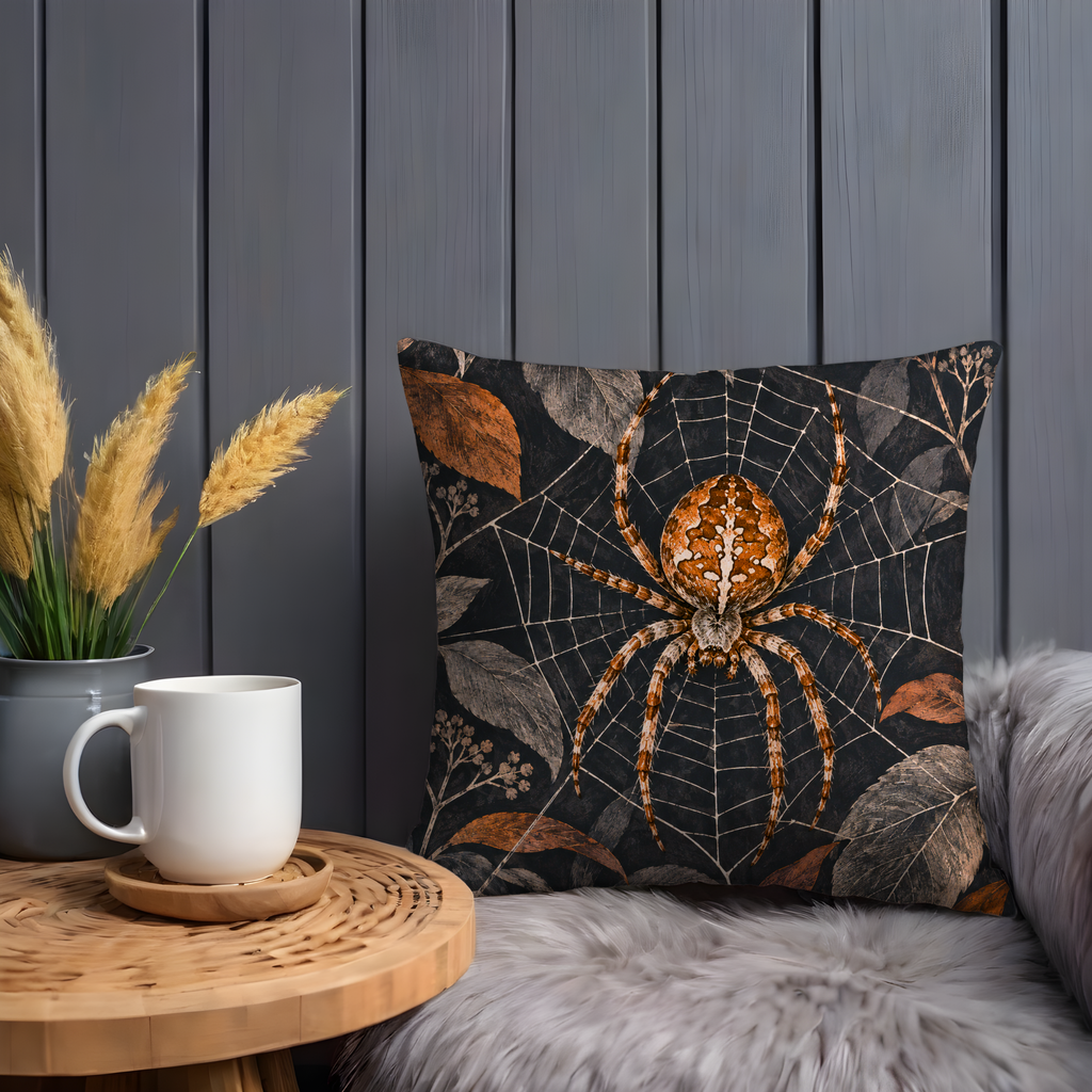 Orange Patterned Spider Pillow Cover | Orb Web Over Dark Botanical Foliage