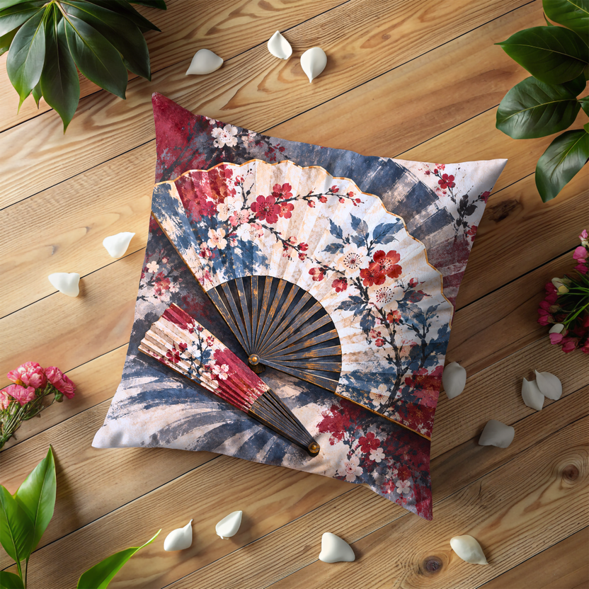 Japanese Folding Fans Pillow Cover | Folding Fans and Cherry Blossoms