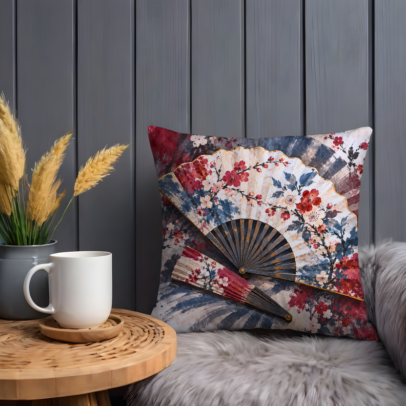 Japanese Folding Fans Pillow Cover | Folding Fans and Cherry Blossoms