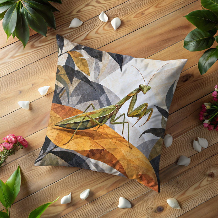 Praying Mantis Pillow Cover | Natural Scene with Abstract, Collage-like Foliage