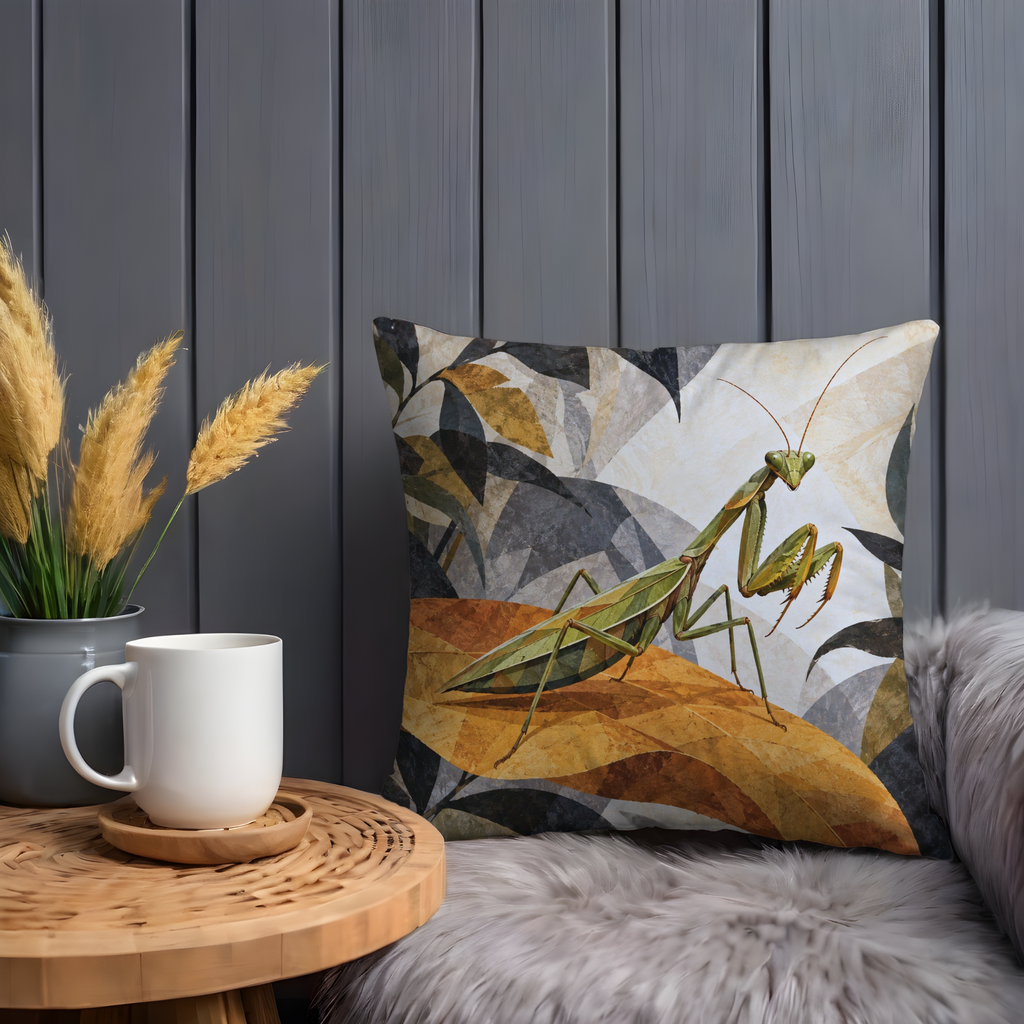Praying Mantis Pillow Cover | Natural Scene with Abstract, Collage-like Foliage