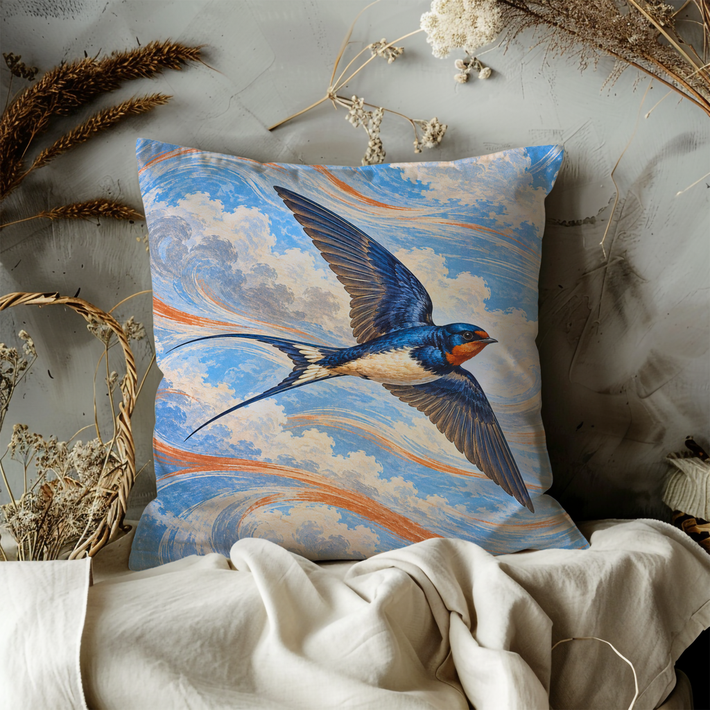 Swallow in Flight Pillow Cover | Swirling Cloudy Sky with Orange Streaks