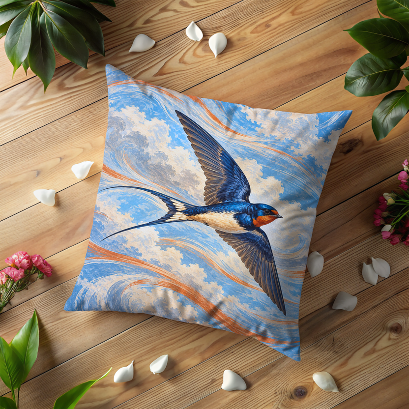 Swallow in Flight Pillow Cover | Swirling Cloudy Sky with Orange Streaks