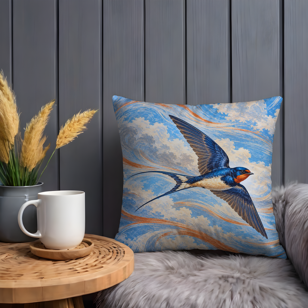 Swallow in Flight Pillow Cover | Swirling Cloudy Sky with Orange Streaks