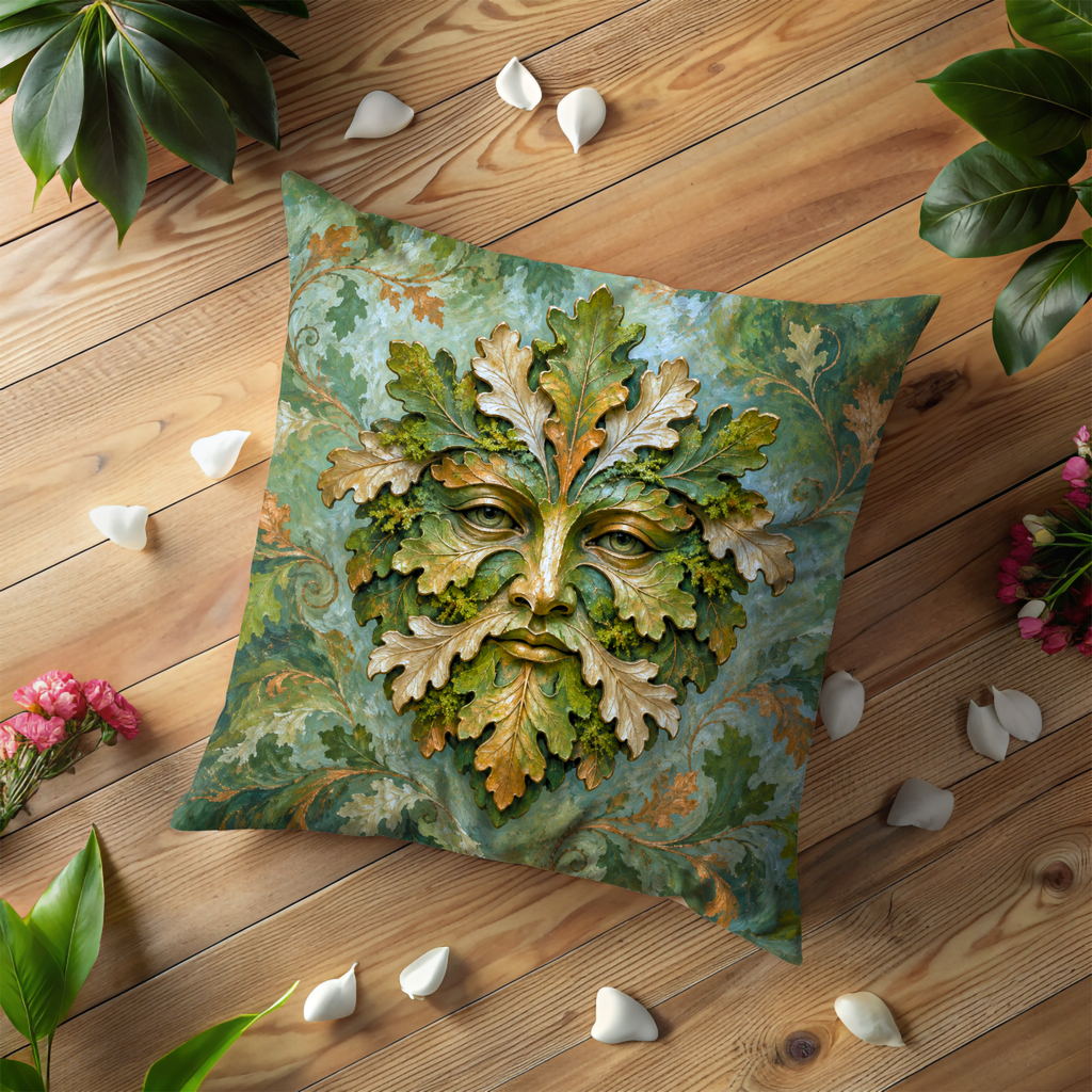 Green Man Pillow Cover | Oak Leaves and Woodland Spirit