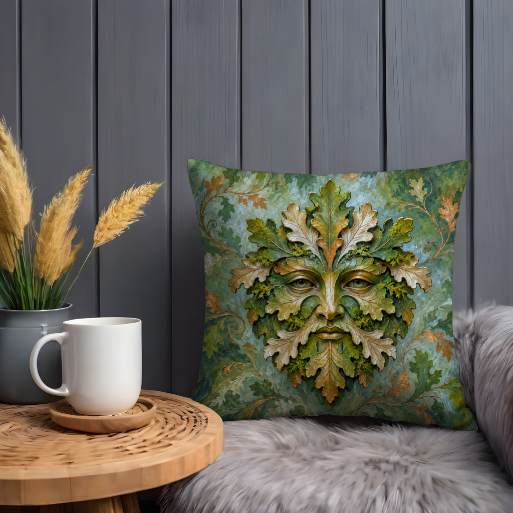 Green Man Pillow Cover | Oak Leaves and Woodland Spirit