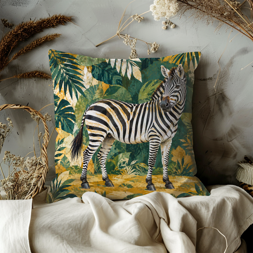 Striped Zebra Pillow Cover | Dense Tropical Foliage