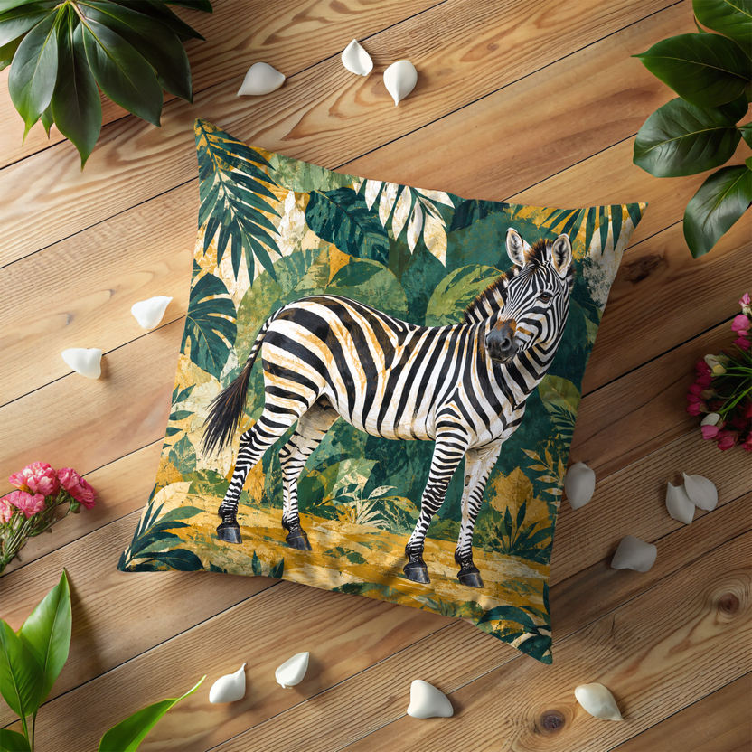 Striped Zebra Pillow Cover | Dense Tropical Foliage