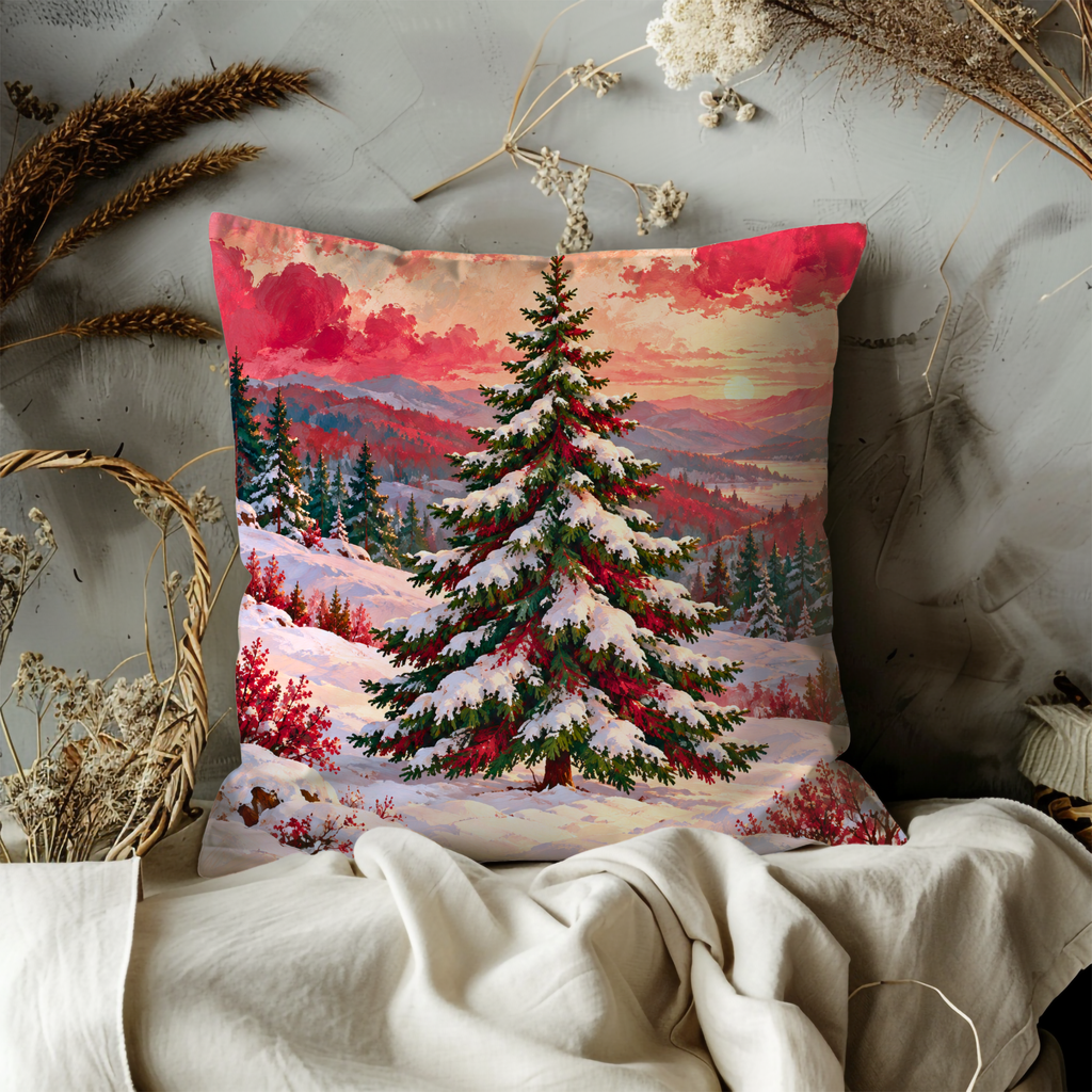 Snow-covered Christmas Tree Pillow Cover | Snowy Sunset Forest