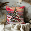 Snow-covered Christmas Tree Pillow Cover | Snowy Sunset Forest