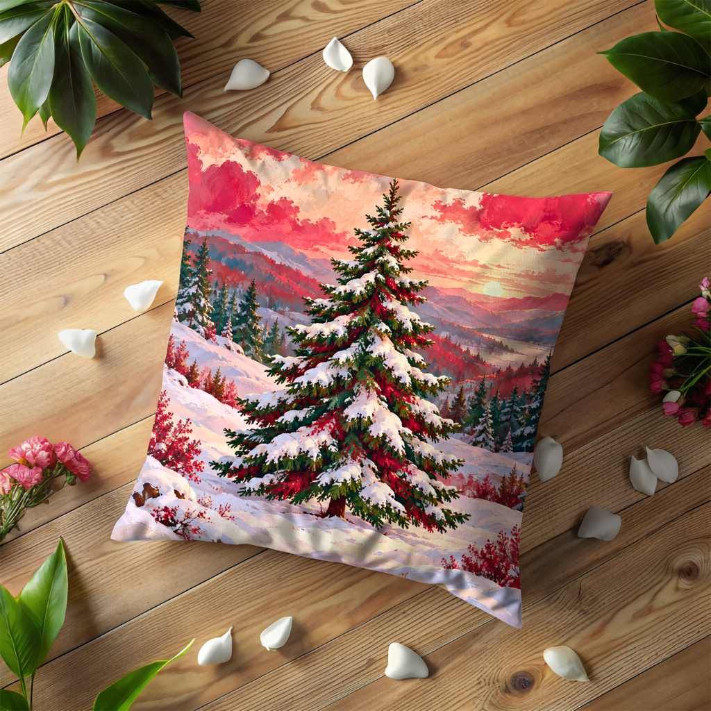 Snow-covered Christmas Tree Pillow Cover | Snowy Sunset Forest