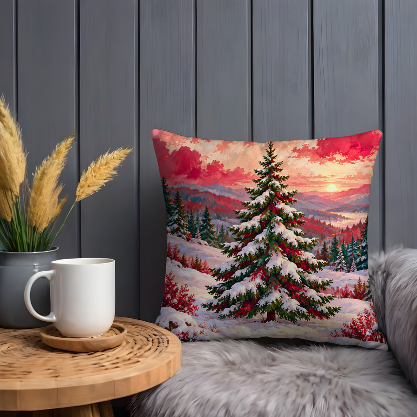 Snow-covered Christmas Tree Pillow Cover | Snowy Sunset Forest