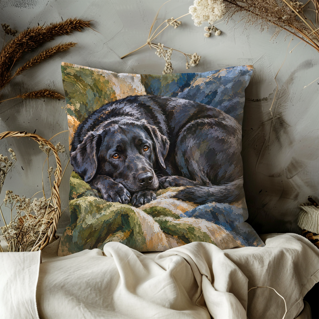 Black Labrador Dog Pillow Cover | Cozy Indoor Setting on Soft Furnishings