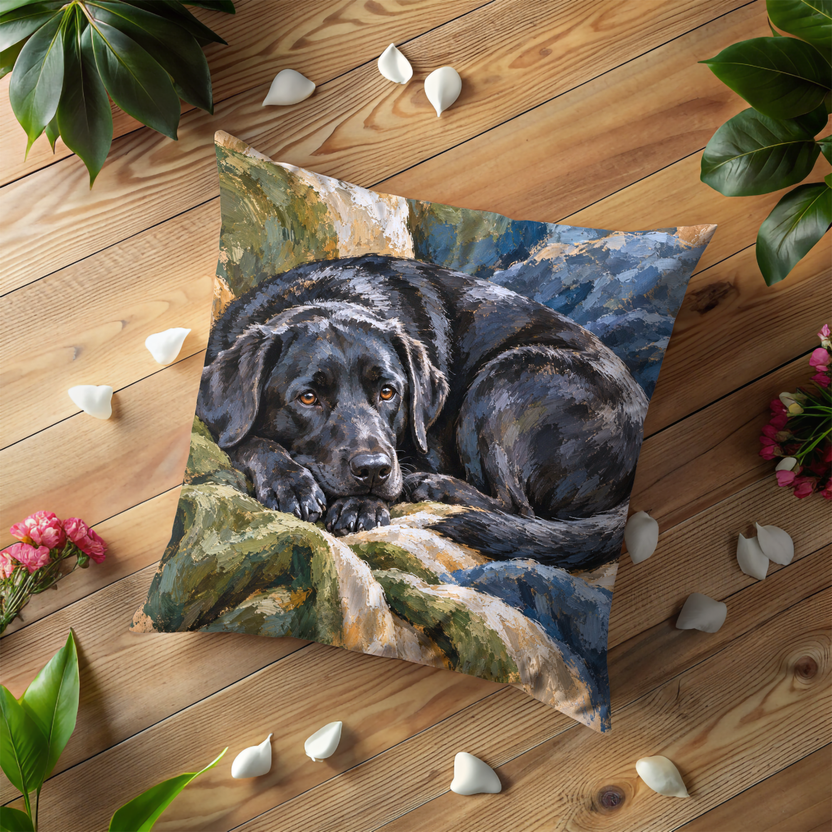 Black Labrador Dog Pillow Cover | Cozy Indoor Setting on Soft Furnishings
