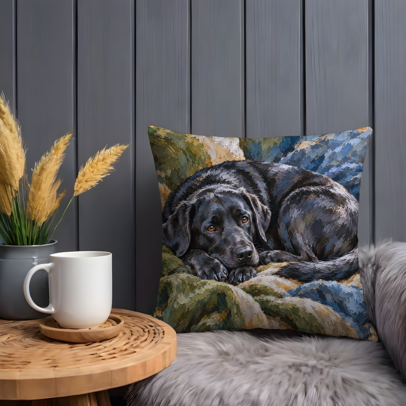 Black Labrador Dog Pillow Cover | Cozy Indoor Setting on Soft Furnishings