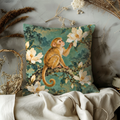 Seated Monkey Pillow Cover | Flowering Branches Over a Misty Blue-green Landscape