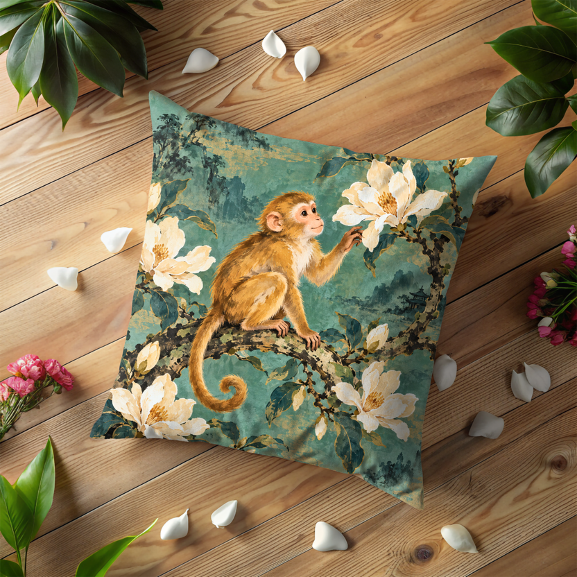 Seated Monkey Pillow Cover | Flowering Branches Over a Misty Blue-green Landscape