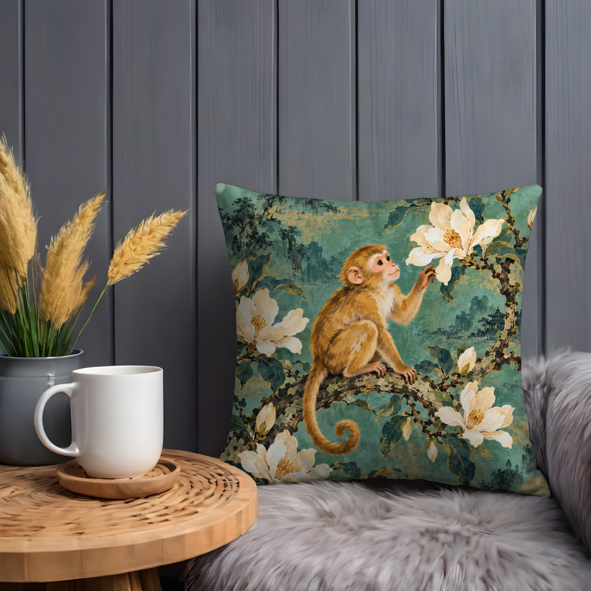Seated Monkey Pillow Cover | Flowering Branches Over a Misty Blue-green Landscape