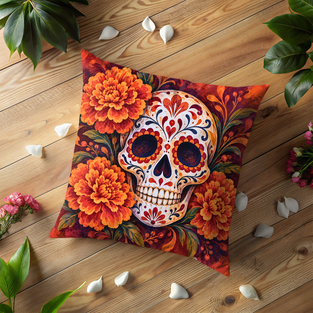 Decorated Sugar Skull Pillow Cover | Vibrant, Textured Background