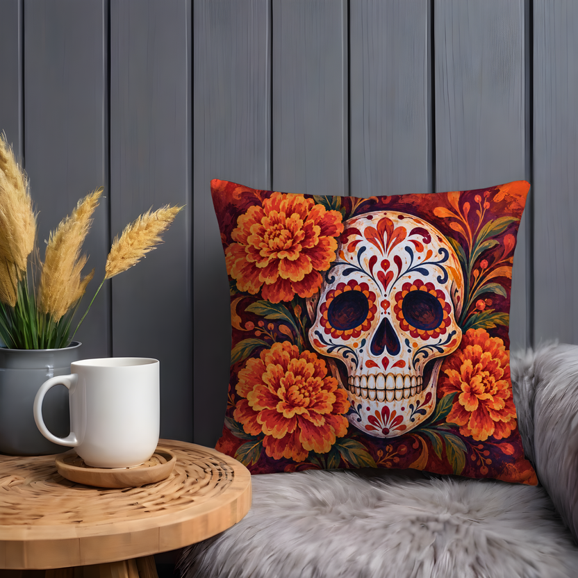 Decorated Sugar Skull Pillow Cover | Vibrant, Textured Background