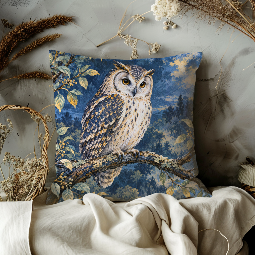 Owl Pillow Cover | Nocturnal Forest Scene with an Owl Perched on a Branch