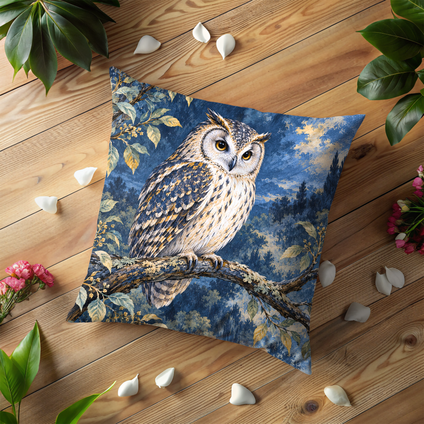 Owl Pillow Cover | Nocturnal Forest Scene with an Owl Perched on a Branch
