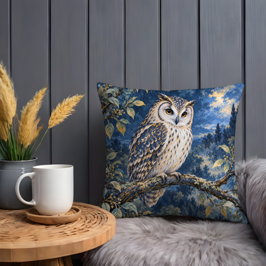 Owl Pillow Cover | Nocturnal Forest Scene with an Owl Perched on a Branch
