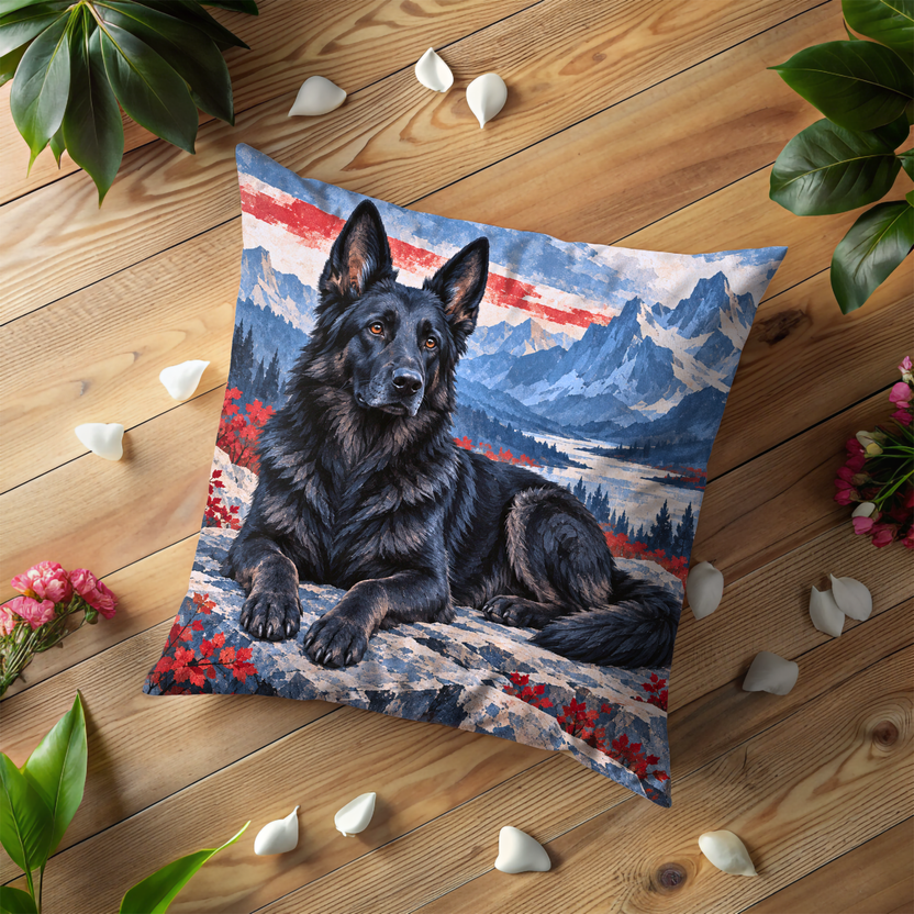 Black German Shepherd Dog Pillow Cover | Lake Scene