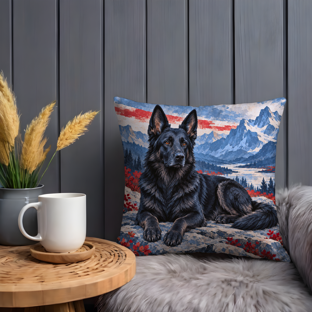 Black German Shepherd Dog Pillow Cover | Lake Scene