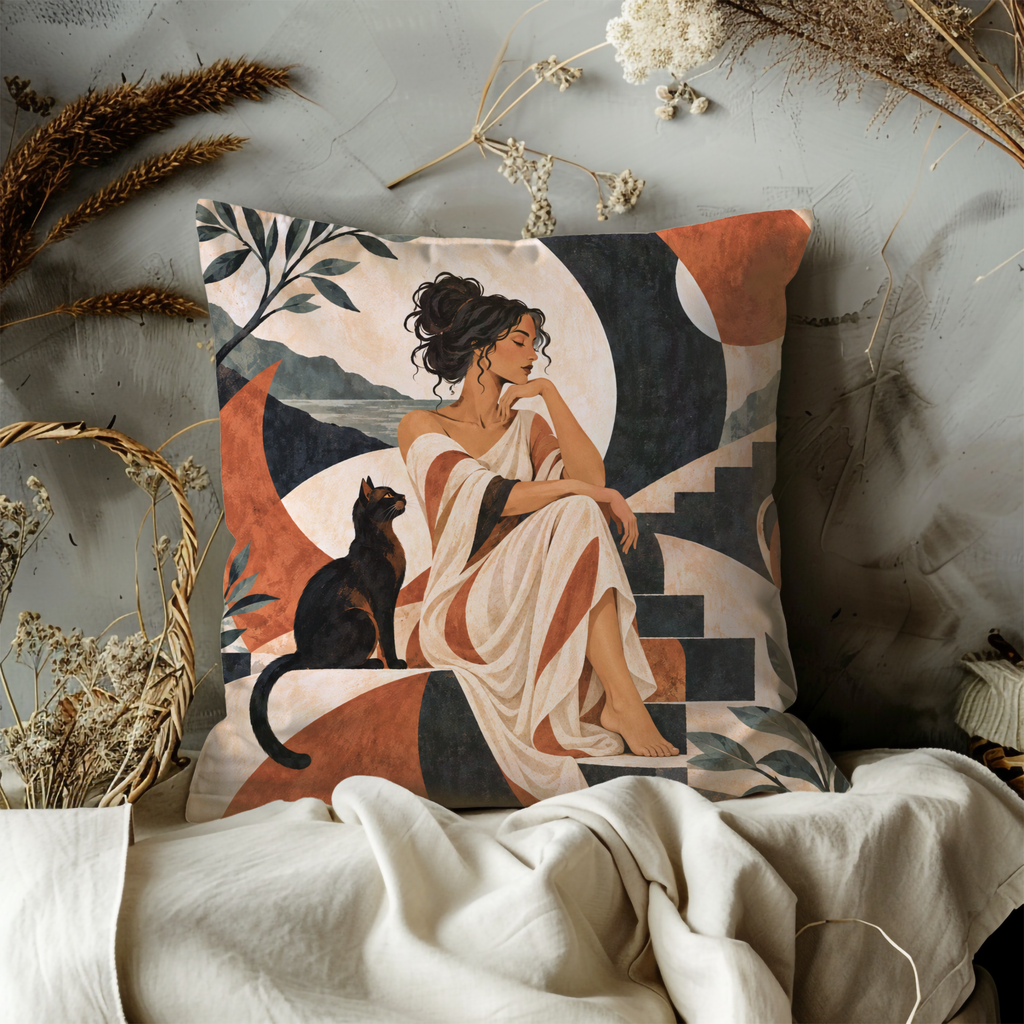 Woman and Black Cat Pillow Cover | Ancient- Landscape with Architectural Elements